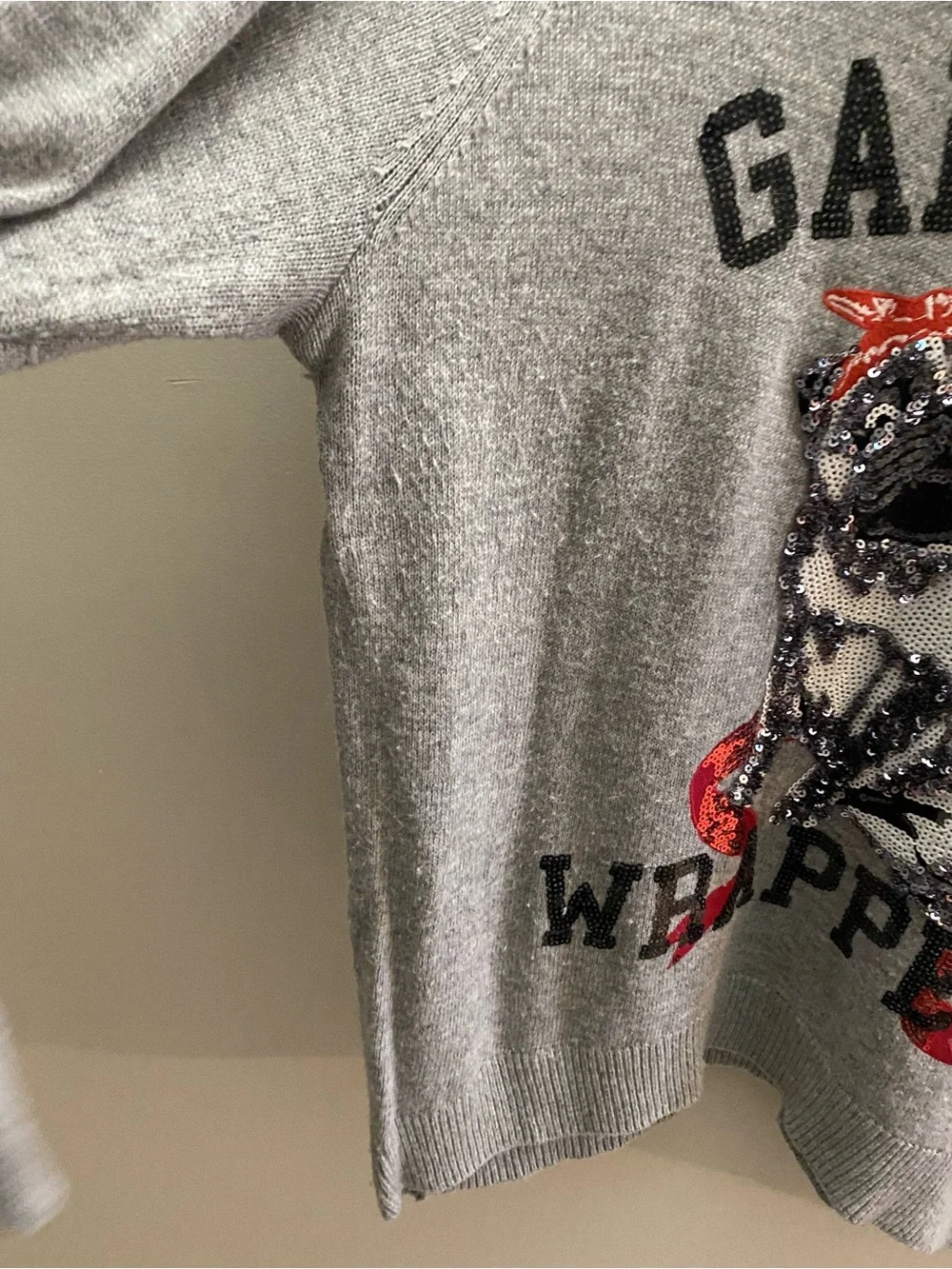 H&M Gray 'Gangsta Wrapper' Embellished Pug Sweater with Red Accent - Picture 4 of 8